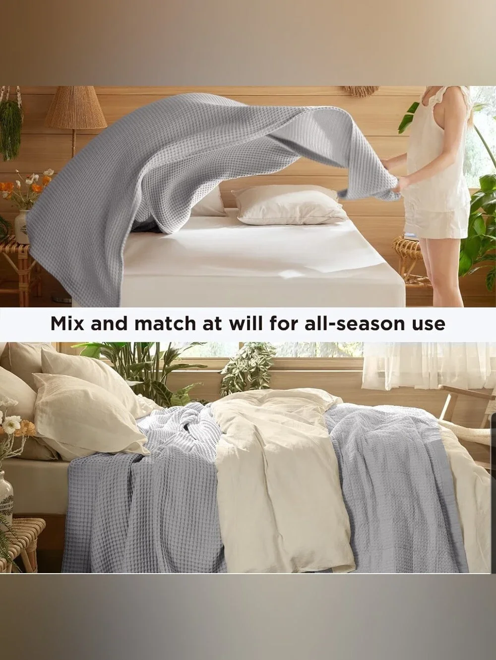 Breathable Waffle-Textured All Cotton Throw Blanket — Light Gray TwinXL